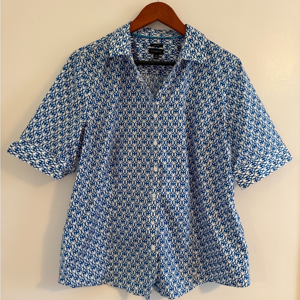 Talbots Blue and White Geometric Short-Sleeve Button-Down Shirt